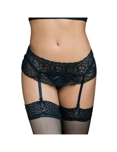 QUEEN LINGERIE - LIGA E TANGA DESIGN FLORAL PRETO S/M