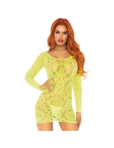 LEG AVENUE - MINI VESTIDO DE RENDA DE CROCHÊ DE MANGA COMPRIDA NEON TAMANHO ÚNICO