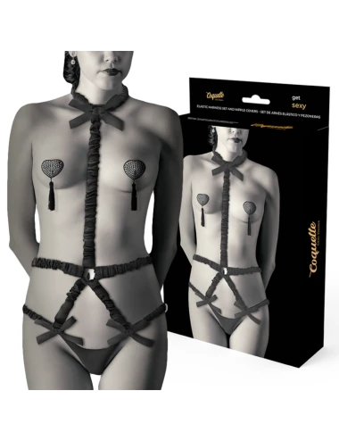 CONJUNTO DE ARREIO ELÁSTICO COQUETTE CHIC DESIRE E COBERTURA DE BICOS PRETA
