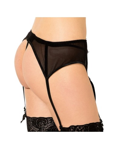 QUEEN LINGERIE - TANGA COM CINTO-LIGA DE RENDA PRETO L/XL