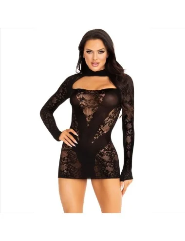 LEG AVENUE - MINI VESTIDO COM RENDA MANGA COMPRIDA PRETO