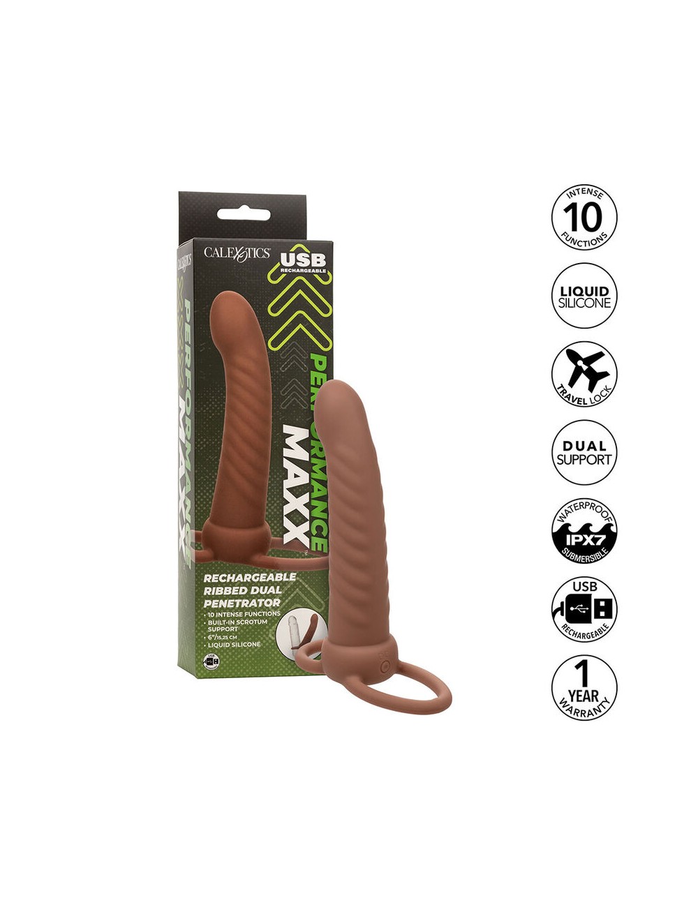 CALEXOTICS - MAXX RIBBED DUAL PENETRATOR 10 VIBRAÇÕES MARROM CALEXOTICS - MAXX RIBBED DUAL PENETRATOR 10 VIBRAÇÕES MARROM
