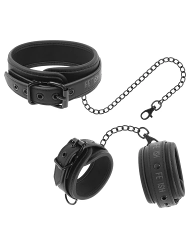FETISH SUBMISSIVE - COLAR E ALGEMAS DE COURO VEGANO COM FORRO DE NOPRENE