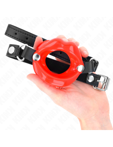 KINK - MORDAÇA LIP 8 CM COM ALÇA DE COURO VERMELHA 63 x 2 CM AJUSTÁVEL 39-58 CM