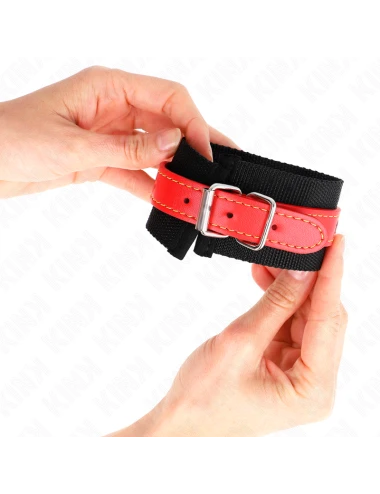 KINK - PUNHOS DE NYLON PRETO COM COURO VERMELHO AJUSTÁVEIS 19-24 CM X 5,5 CM