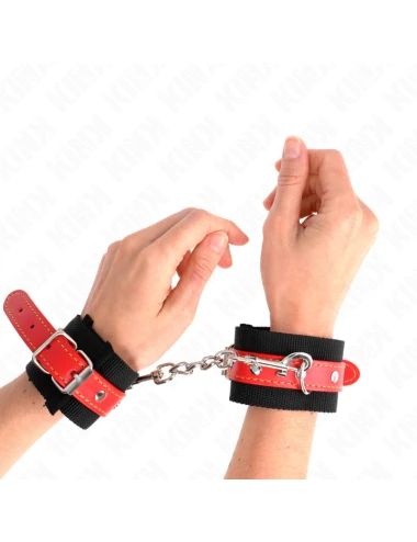 KINK - PUNHOS DE NYLON PRETO COM COURO VERMELHO AJUSTÁVEIS 19-24 CM X 5,5 CM