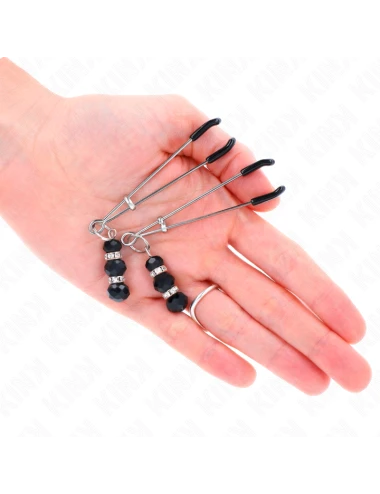 KINK - PINÇAS FINAS DOURADAS COM 3 CONTAS DE VIDRO PRETAS 7 CM