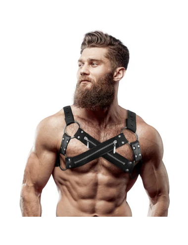 FETISH SUBMISSIVE ATTITUDE - ARNÊS DE NEOPRENE AJUSTVEL CROSS-OVER PEITO BULLDOG COM ZÍPERS PARA HOMENS