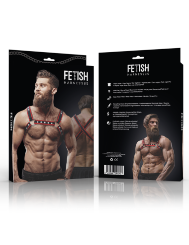 FETISH SUBMISSIVE ATTITUDE - ARNÊS DE BULLDOG DE PEITO DE COURO ECO MASCULINO PRETO/VERMELHO