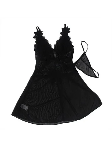 SUBBLIME - BABYDOLL TECIDO DE TULE COM RENDA E DETALHE FLOR PRETO S/M