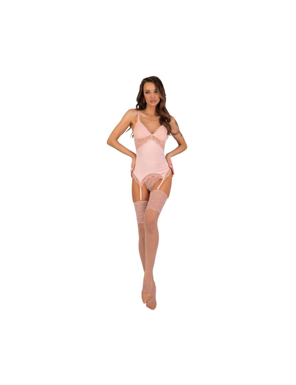 LIVCO CORSETTI FASHION - CONJUNTO PERSINNE PÊSSEGO CORSET + CALCINHA + MEIAS