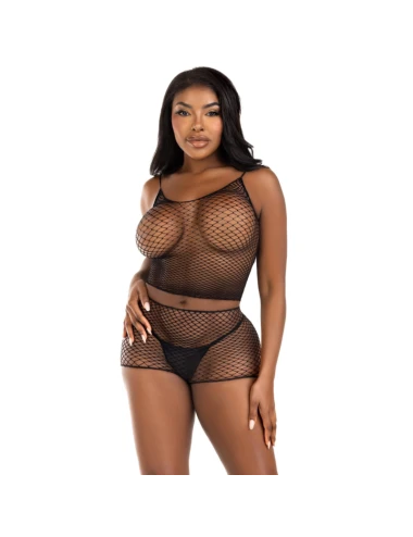LEG AVENUE - CONJUNTO T-SHIRT E CALÇAS FISHNET PRETO