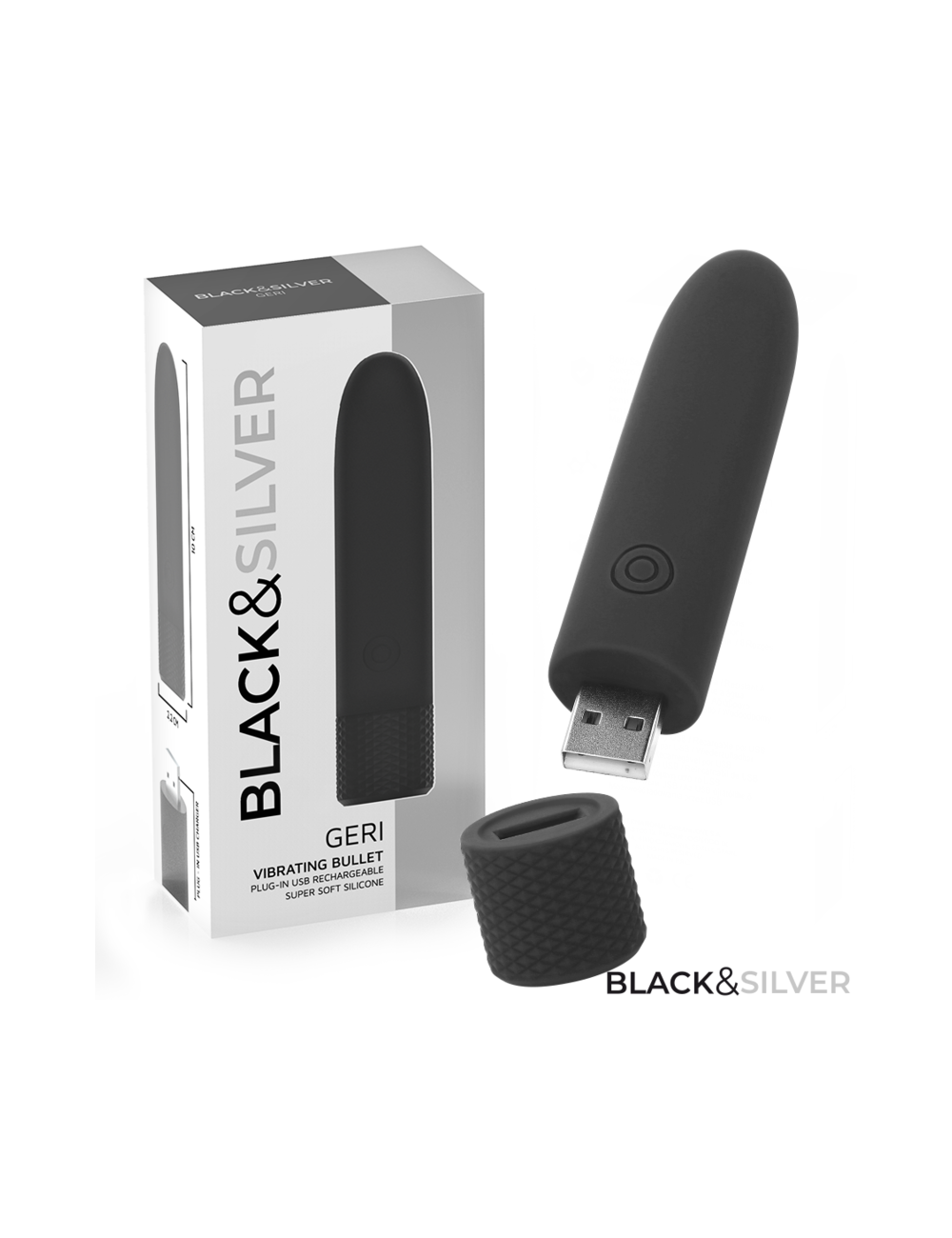 BLACK & SILVER - GERI USB RECARREGÁVEL VIBRATÓRIA BULLET 8 VIBRAÇÕES PRETO 10 X 2