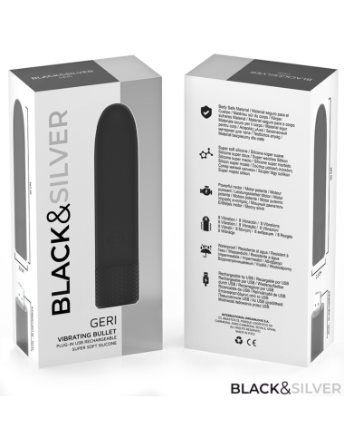 BLACK & SILVER - GERI USB RECARREGÁVEL VIBRATÓRIA BULLET 8 VIBRAÇÕES PRETO 10 X 2,2 CM
