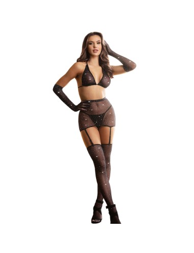 SUBBLIME - 952174 BODYSTOCKING DE REDE COM LUVAS E DIAMANTES PRETO TAMANHO ÚNICO