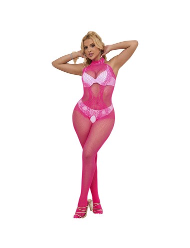 SUBBLIME - 952389 BODYSTOCKING SEM FUNDO DE REDE E RENDA COM GOLA ALTA ROSA TAMANHO ÚNICO