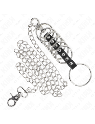 KINK - 7 ANNEAUX PÃNIS EN MÃTAL DE 3,8 CM Ã 5 CM CONNECTÃS AVEC DU CUIR ET UNE CHAÃNE EN MÃTAL 100 CM