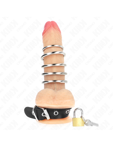 KINK - ANNEAU PÃNIS EN CUIR AVEC SANGLE DE VERROUILLAGE 21 X 2 CM ET 5 ANNEAUX MÃTALLIQUES DE 3 CM Ã 4 CM
