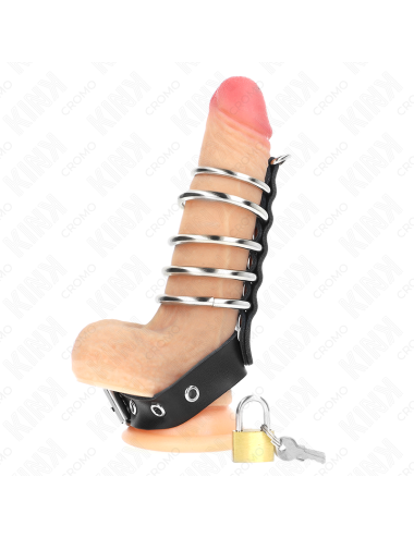 KINK - ANNEAU PÃNIS EN CUIR AVEC SANGLE DE VERROUILLAGE 21 X 2 CM ET 5 ANNEAUX MÃTALLIQUES DE 3 CM Ã 4 CM