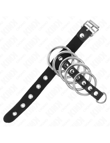 KINK - ANNEAU PÃNIS EN CUIR AVEC SANGLE DE VERROUILLAGE 21 X 2 CM ET 5 ANNEAUX MÃTALLIQUES DE 3 CM Ã 4 CM