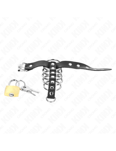 KINK - ANNEAU PÃNIS EN CUIR AVEC SANGLE DE VERROUILLAGE 21 X 2 CM ET 5 ANNEAUX MÃTALLIQUES DE 3 CM Ã 4 CM