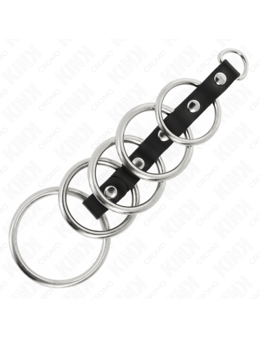 KINK - 5 ANNEAUX PÃNIS EN MÃTAL DE 3,2 CM Ã 5 CM CONNECTÃS PAR DU CUIR