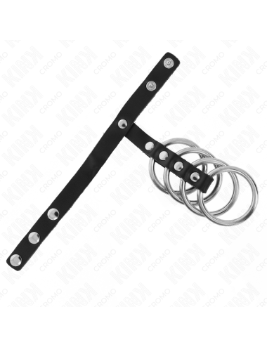 KINK - 4 ANNEAUX PÃNIS EN MÃTAL 3,8 CM CONNECTÃS AVEC SANGLE EN CUIR 22 X 1,5 CM ET FERMETURE Ã PRESSION