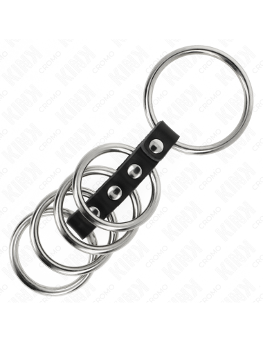 KINK - 5 ANNEAUX PÃNIS DE 3,7 CM Ã 5 CM EN MÃTAL RELIES PAR DU CUIR