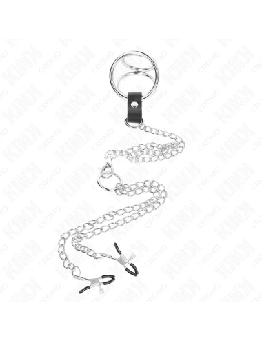 KINK - ANNEAU PÃNIS EN MÃTAL TRIPLE CHROME 3 CM Ã 4,5 CM AVEC CHAÃNE EN MÃTAL DE 26 CM ET PINCES Ã TÃTONS