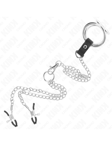 KINK - ANNEAU PÃNIS EN MÃTAL TRIPLE CHROME 3 CM Ã 4,5 CM AVEC CHAÃNE EN MÃTAL DE 26 CM ET PINCES Ã TÃTONS