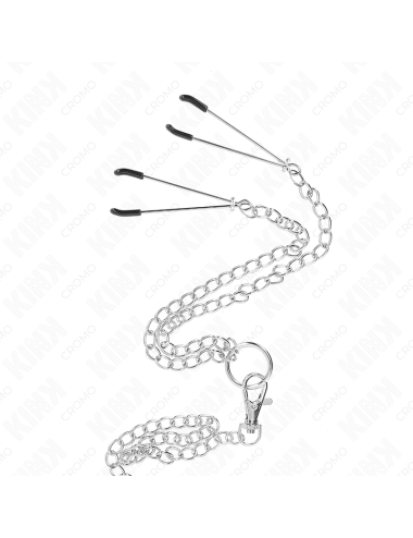 KINK - ANNEAU PÃNIS EN MÃTAL TRIPLE CHROME 3,8 CM Ã 5 CM AVEC CHAÃNE EN MÃTAL DE 26 CM ET PINCES Ã TÃTONS MODÃLE 2