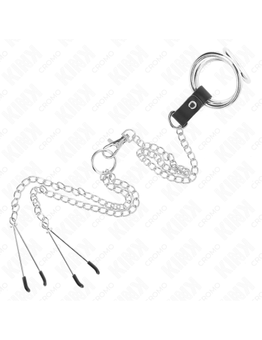 KINK - ANNEAU PÃNIS EN MÃTAL TRIPLE CHROME 3,8 CM Ã 5 CM AVEC CHAÃNE EN MÃTAL DE 26 CM ET PINCES Ã TÃTONS MODÃLE 2