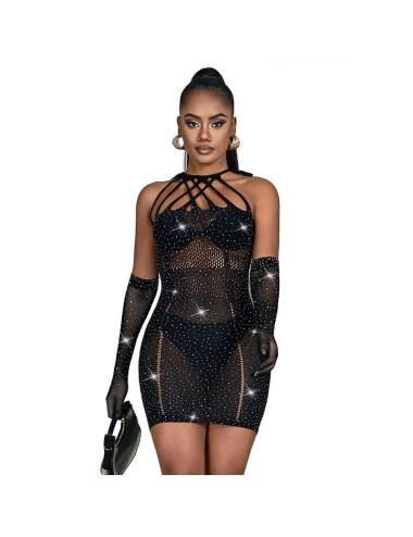 SUBBLIME - 952235 BODYSTOCKING RESILLE AVEC STRASS ET GANTS NOIRS TAILLE UNIQUE