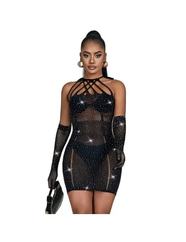 SUBBLIME - 952235 BODYSTOCKING RESILLE AVEC STRASS ET GANTS NOIRS TAILLE UNIQUE