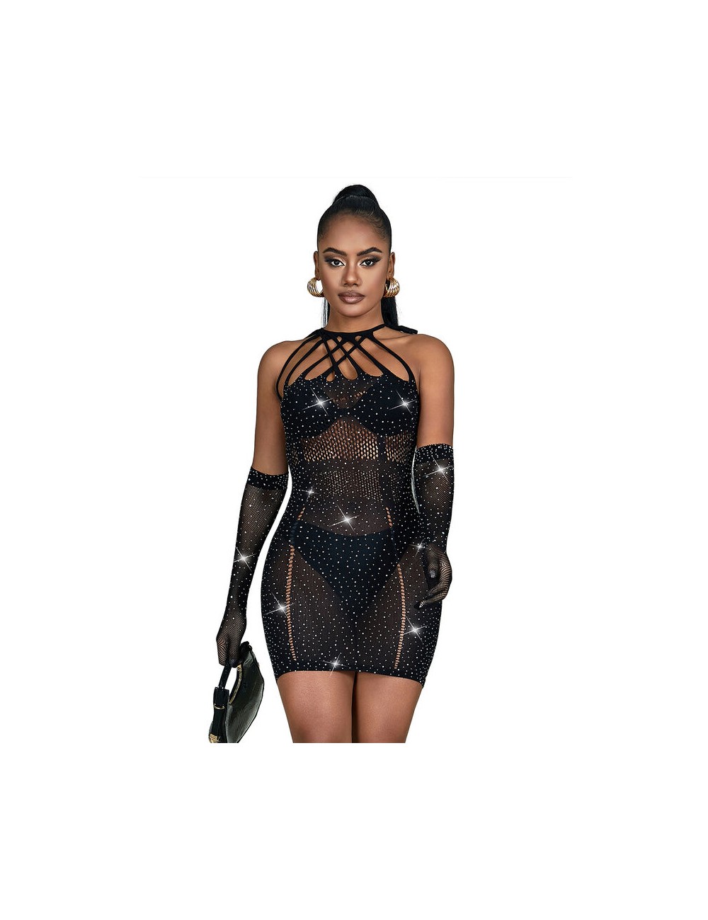SUBBLIME - 952235 BODYSTOCKING RESILLE AVEC STRASS ET GANTS NOIRS TAILLE UNIQUE