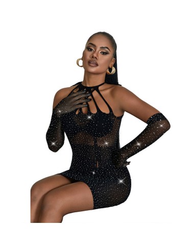 SUBBLIME - 952235 BODYSTOCKING RESILLE AVEC STRASS ET GANTS NOIRS TAILLE UNIQUE