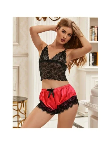 SUBBLIME - 953966 CAMISOLA DE SEDA CASUAL + CALÇA DE RENDA PRETA/VERMELHA L/XL