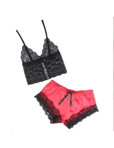 SUBBLIME - 953966 CAMISOLA DE SEDA CASUAL + CALÇA DE RENDA PRETA/VERMELHA L/XL