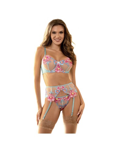 SUBBLIME - 954109 SUTIÃ + CALCINHA COM CINTO-LIGA DESIGN FLORAL AZUL S/M