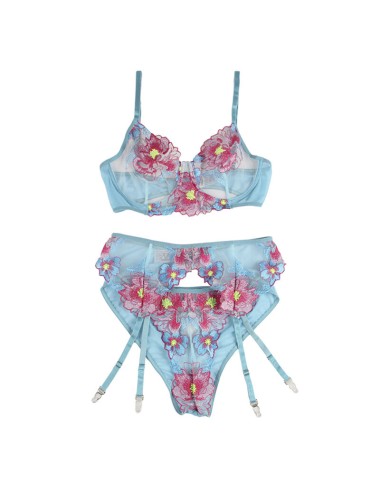 SUBBLIME - 954109 SUTIÃ + CALCINHA COM CINTO-LIGA DESIGN FLORAL AZUL S/M