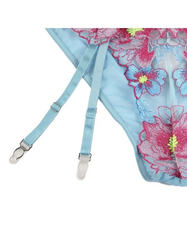 SUBBLIME - 954109 SUTIÃ + CALCINHA COM CINTO-LIGA DESIGN FLORAL AZUL S/M
