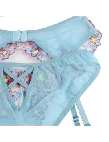 SUBBLIME - 954109 SUTIÃ + CALCINHA COM CINTO-LIGA DESIGN FLORAL AZUL S/M