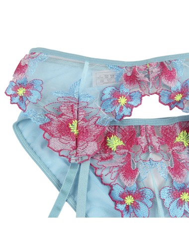 SUBBLIME - 954109 SUTIÃ + CALCINHA COM CINTO-LIGA DESIGN FLORAL AZUL S/M