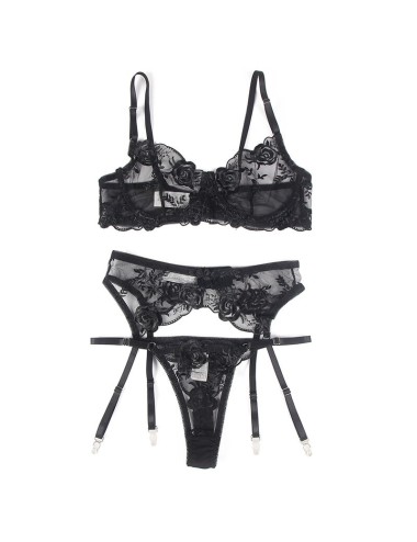 SUBBLIME - 945237 SUTIÃ + CALCINHA COM CINTO-LIGA DESIGN FLORAL PRETO S/M