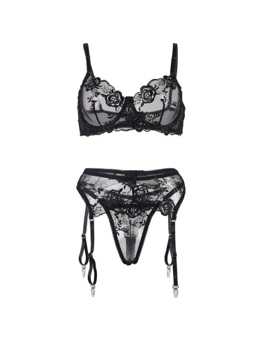 SUBBLIME - 945237 SUTIÃ + CALCINHA COM CINTO-LIGA DESIGN FLORAL PRETO S/M