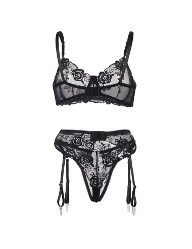 SUBBLIME - 945237 SUTIÃ + CALCINHA COM CINTO-LIGA DESIGN FLORAL PRETO S/M