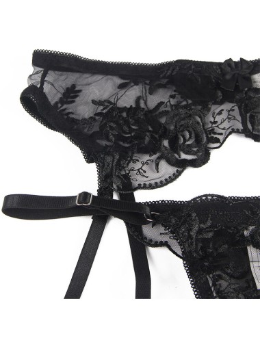 SUBBLIME - 945237 SUTIÃ + CALCINHA COM CINTO-LIGA DESIGN FLORAL PRETO S/M