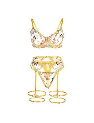 SUBBLIME - 954352 SUTIÃ + TANGA + CINTO-LIGA DESIGN FLORAL AMARELO L/XL