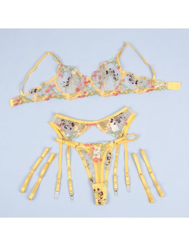 SUBBLIME - 954352 SUTIÃ + TANGA + CINTO-LIGA DESIGN FLORAL AMARELO L/XL