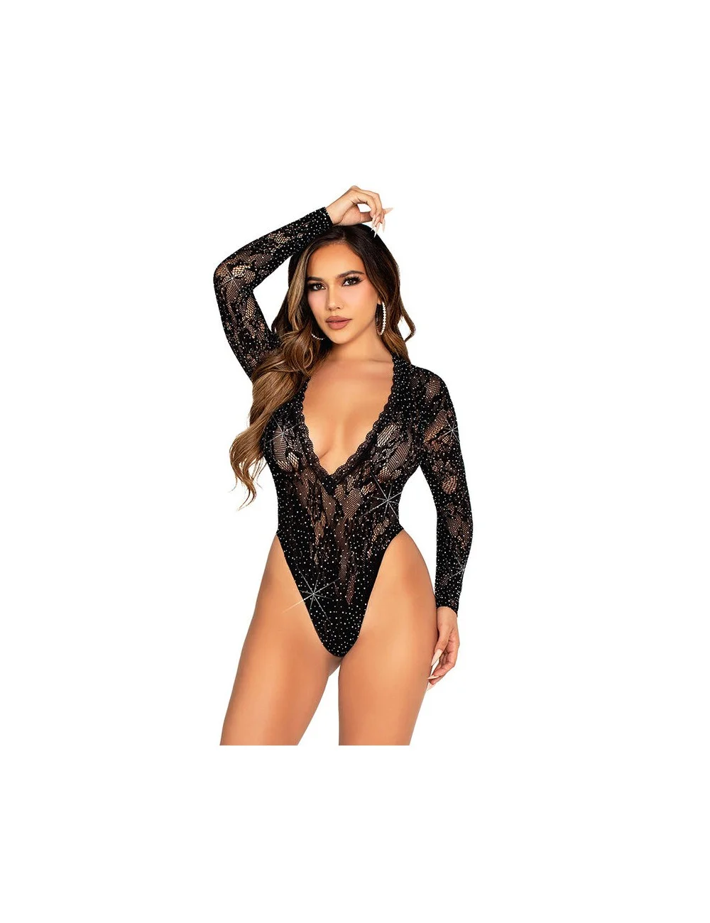 LEG AVENUE - BODY DE RENDA E MANGA COMPRIDA COM DIAMANTES PRETO TAMANHO ÚNICO LEG AVENUE - BODY DE RENDA E MANGA COMPRIDA COM DIAMANTES PRETO TAMANHO ÚNICO